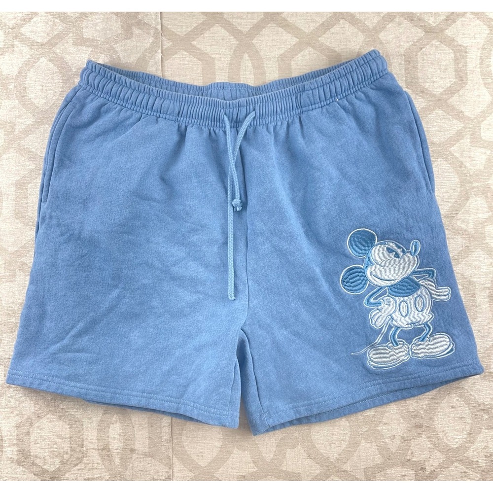 Disney Mickey Mouse Embroidered Sweat Shorts Mens XL Blue Fleece‎ Drawstring